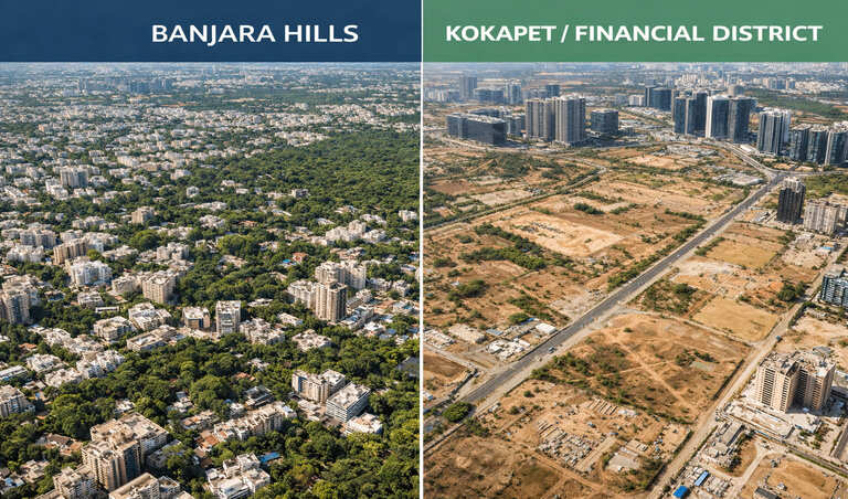Satellite view comparison showing Banjara Hills fully developed density versus Kokapet open land availability