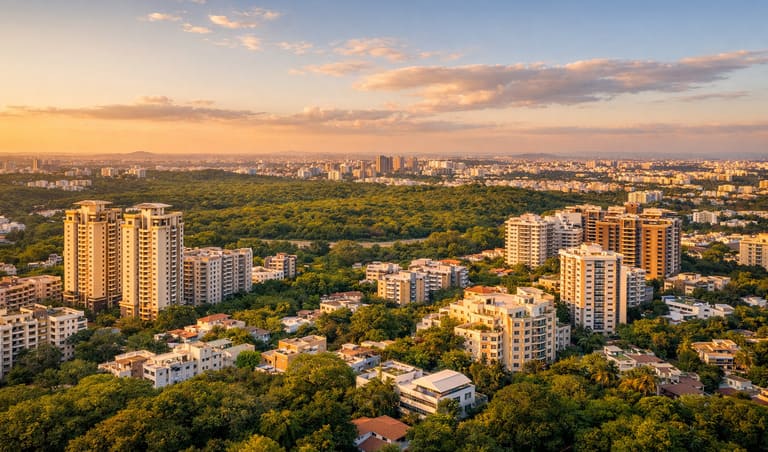 Aerial view of Banjara Hills skyline at golden hour showing luxury residential towers and KBR National Park greenery