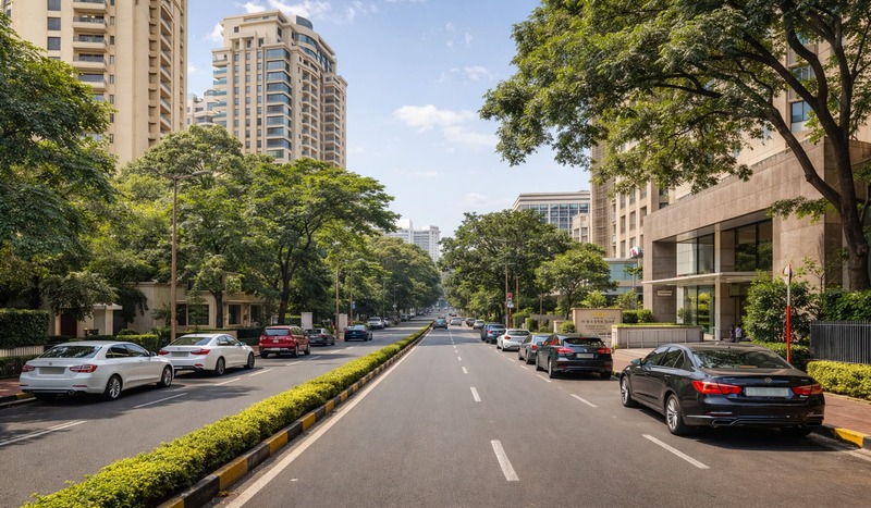 Street view of Road No. 1 Banjara Hills showing tree-lined boulevard with luxury residences and hotel entrances