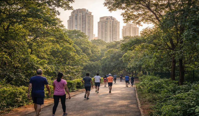 Morning walkers at KBR National Park with Banjara Hills luxury residential towers visible in the background