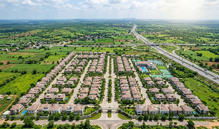 Aerial view of premium gated villa community in Medchal with ORR and NH-44 highway connectivity visible