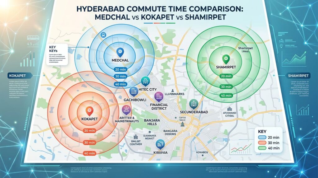 Commute time comparison map showing Medchal vs Kokapet vs Shamirpet drive times to Hyderabad employment hubs