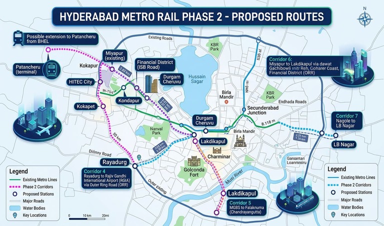 Map of Hyderabad Metro Phase 2 proposed route showing new station locations across west Hyderabad corridors
