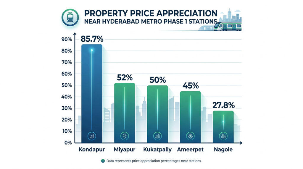 Infographic comparing property price appreciation near Hyderabad Metro Phase 1 stations