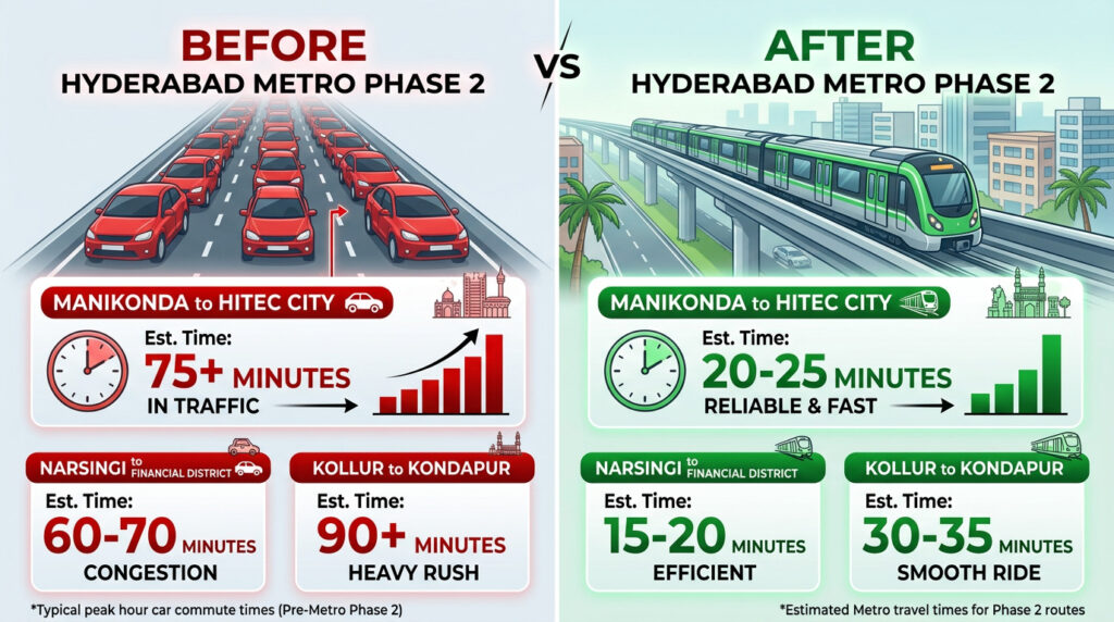 Before and after commute time comparison showing how Hyderabad Metro Phase 2 reduces travel time