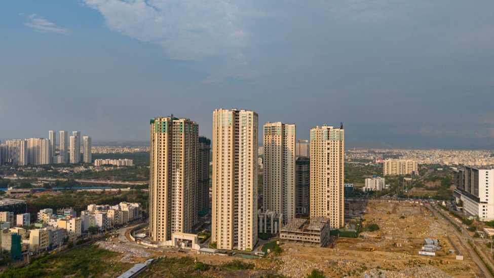 Aerial view of HITEC City Hyderabad skyline with modern apartments