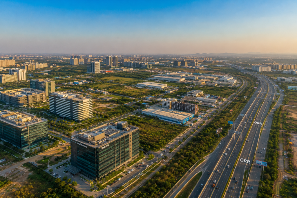 Aerial view of Patancheru industrial and commercial corridor Hyderabad