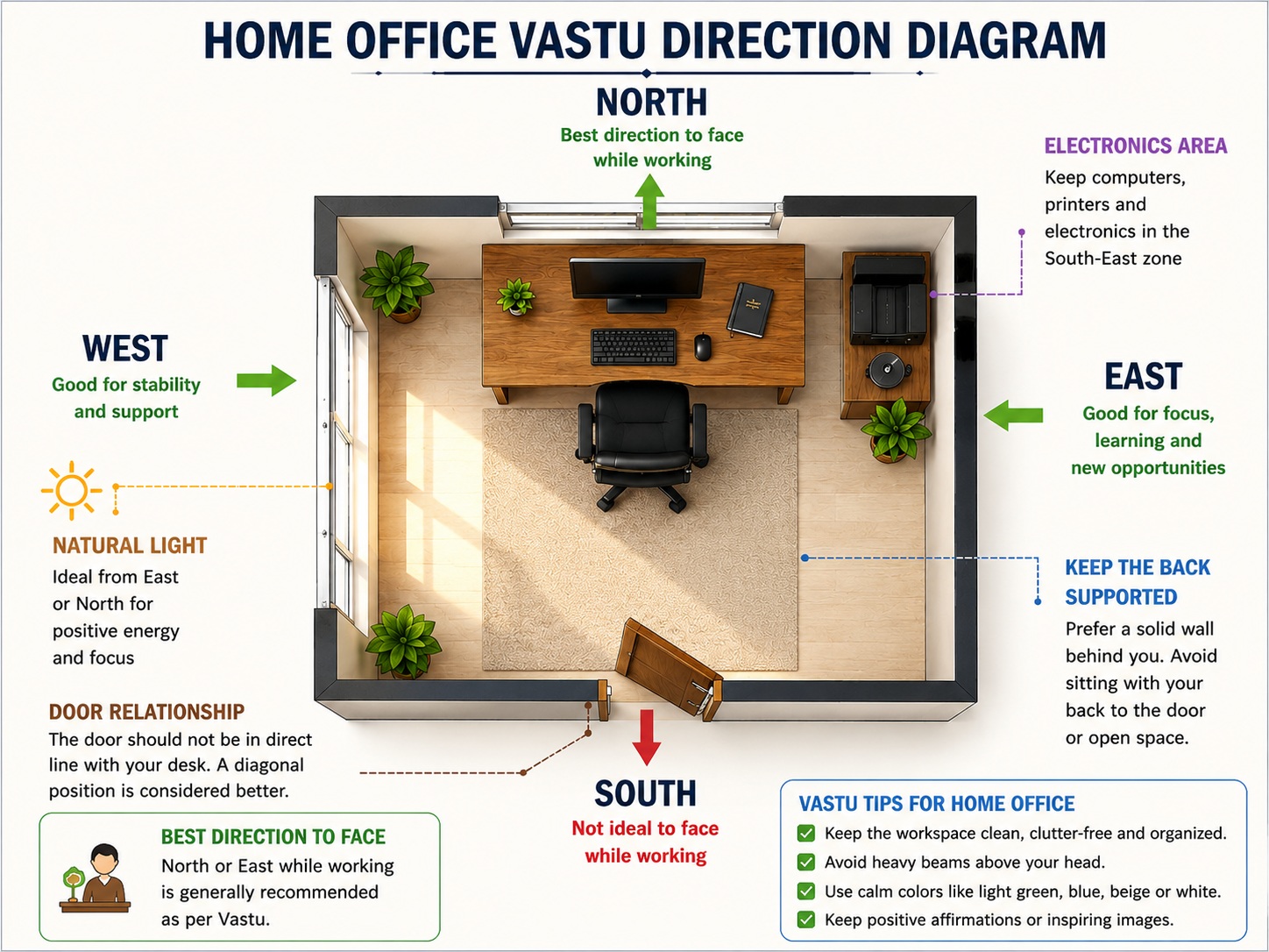 Home office Vastu direction diagram showing recommended desk orientation, sitting position, natural light, door placement and electronics area