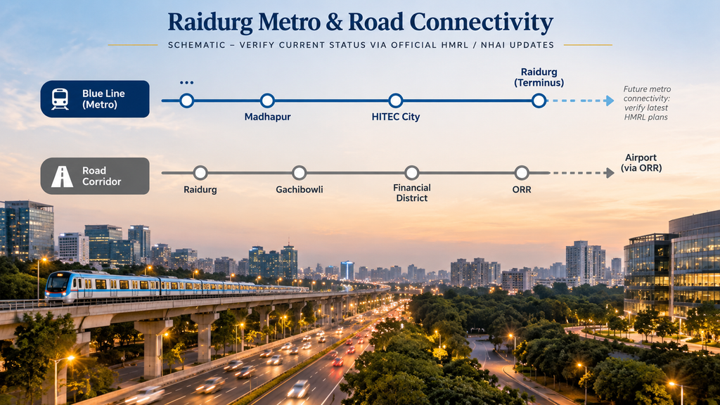 Schematic diagram of Raidurg’s metro and road connectivity, showing the current Blue Line through HITEC City and Madhapur, and the road corridor toward Gachibowli, Financial District, the ORR and the airport