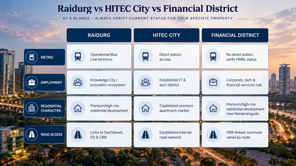 Comparison grid showing metro access, employment character, residential character and road access for Raidurg, HITEC City and Financial District