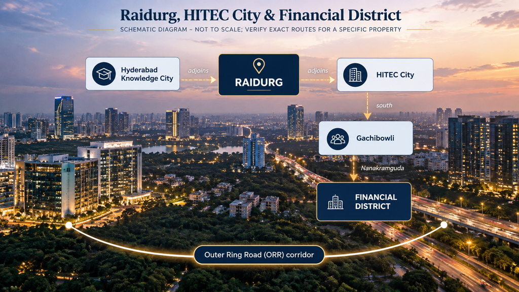 Schematic diagram showing the relative positions of Raidurg, HITEC City and Financial District along Hyderabad’s western corridor