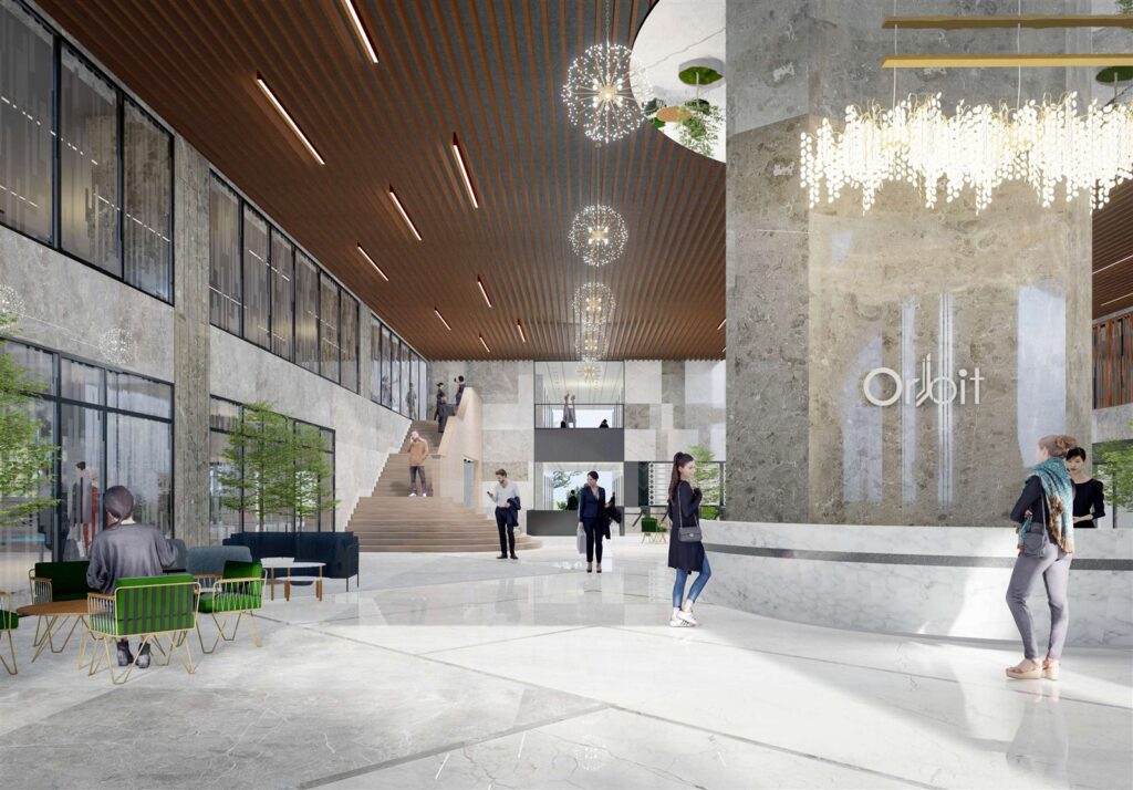 Artist's impression of the Orbit office lobby by Auro Realty in HITEC City, Hyderabad